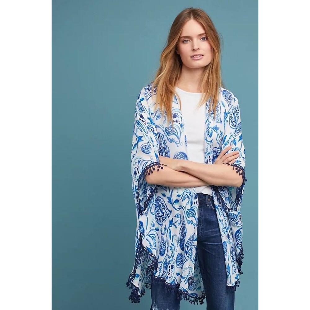 Shiraleah Anthropologie Kimono "Nina" Tassel Cover Up Wrap Boho Blue Print OS